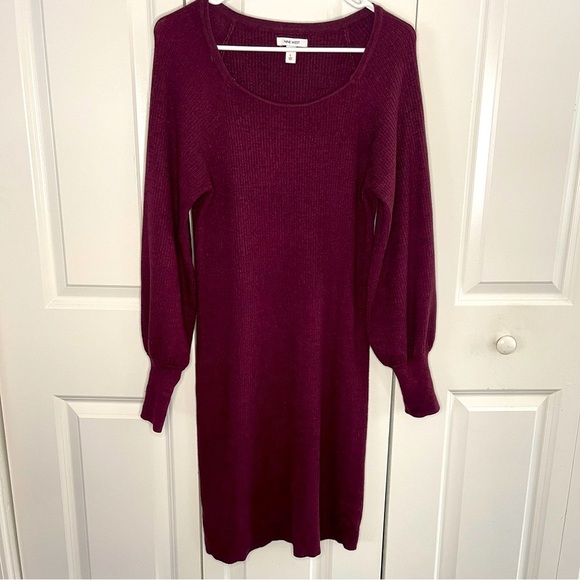 NINE WEST PURPLE Size Large Metallic SPARKLE BALLOON Sleeve RIBBED SWEATER DRESS - Picture 1 of 8
